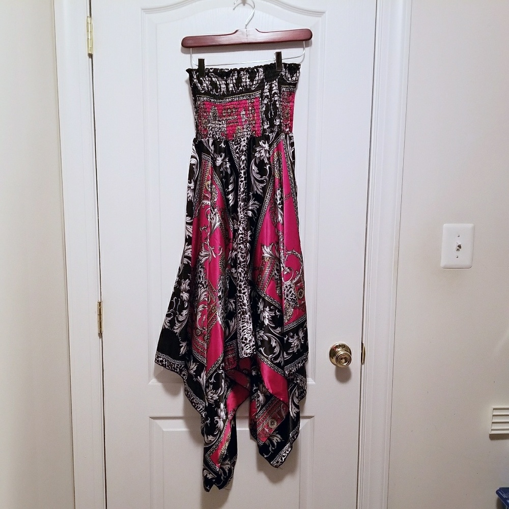Strapless Leopard Print Handkerchief Hem Dress